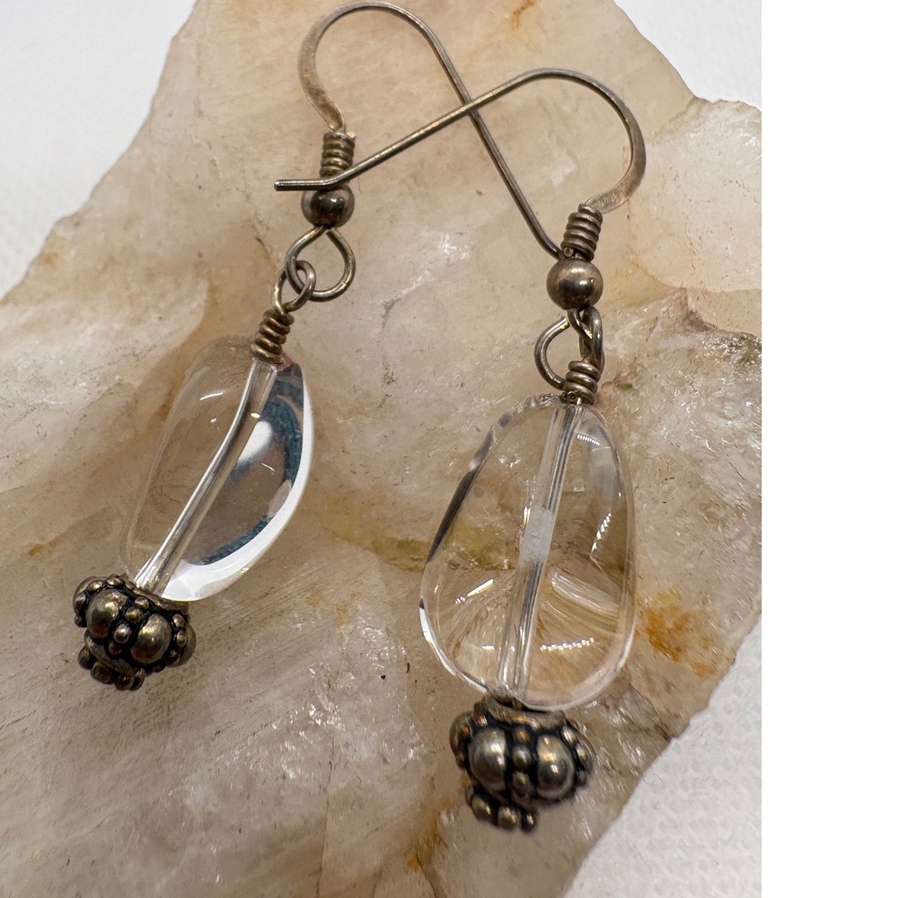 Vintage Sterling Silver Clear Glass Teardrop Bead Dangle Earrings French Wire